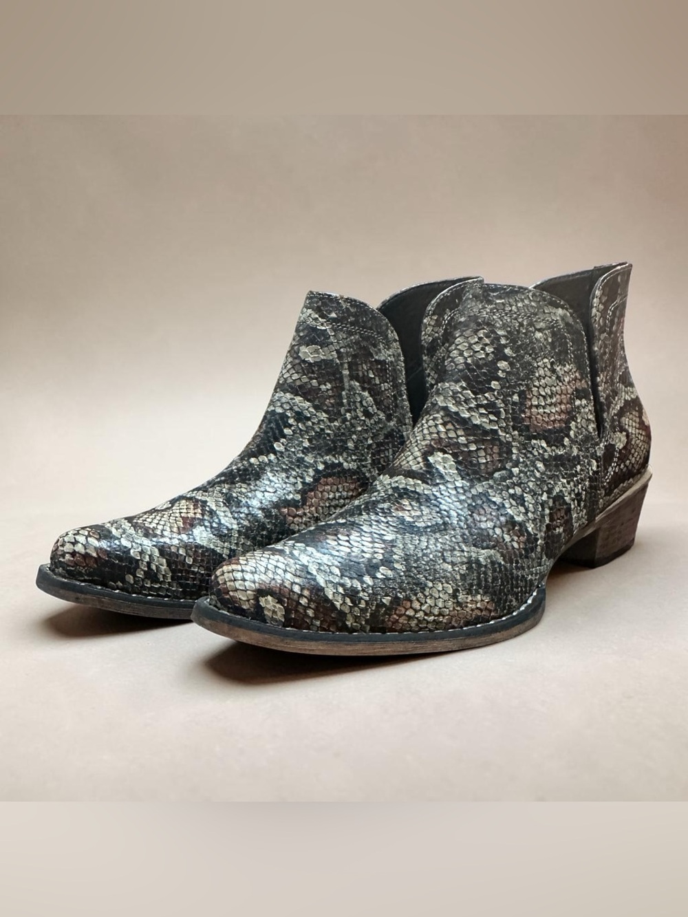 Roper Women's Ava Leather Faux Snake-Print Ankle Boots in Brown and Black